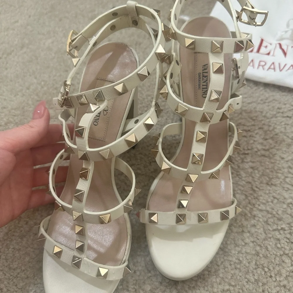 Valentino Cream Rockstud Strappy High Heel Sandals - Picture 7 of 10